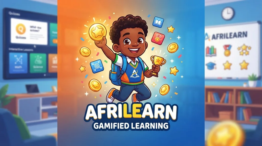 AfriLearn gamified learning artwork featuring the platform mascot and reward badges.