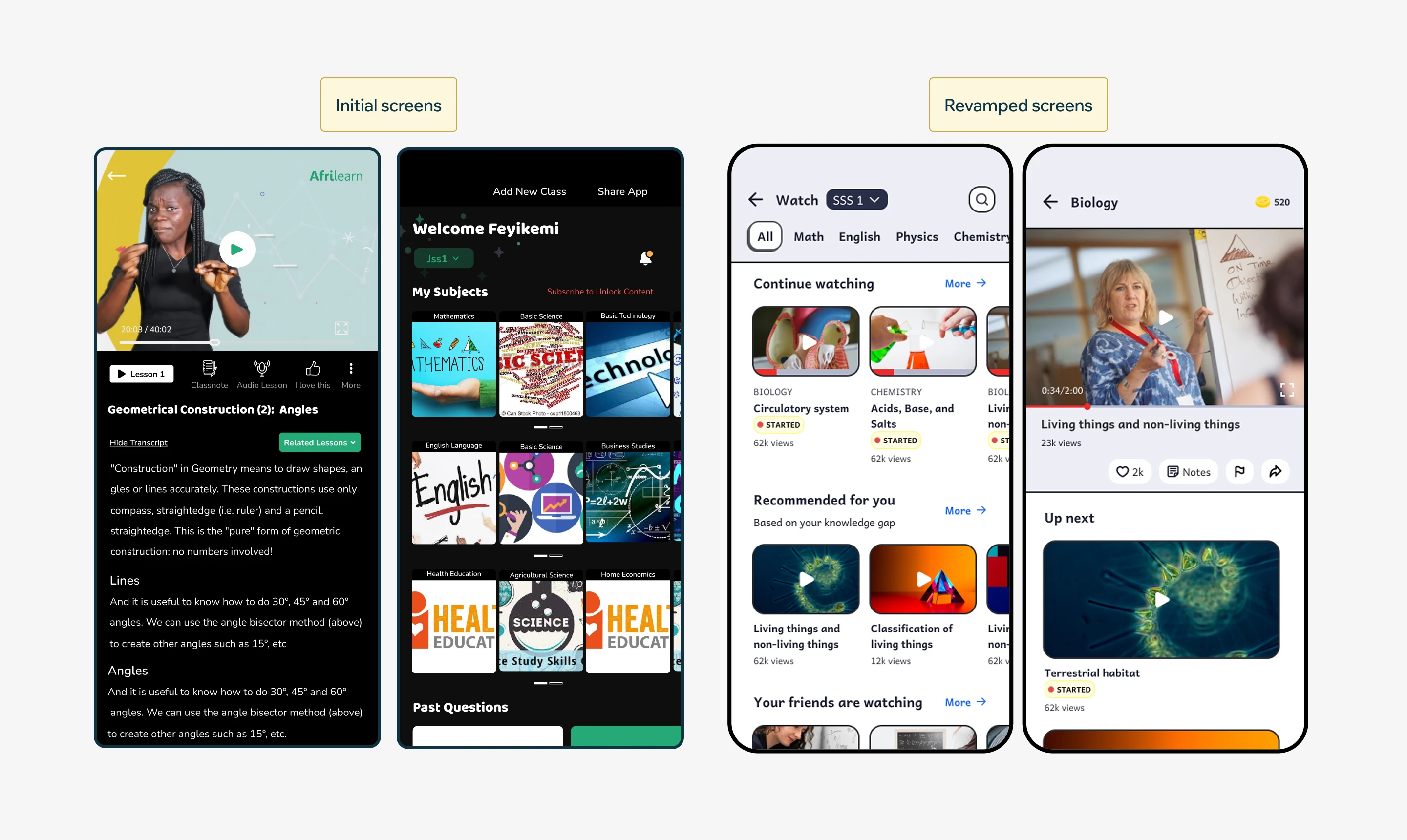 Initial screens: a static video player and a flat subject-grid home screen, the Library model. Revamped screens: a personalised video feed with Continue Watching and Recommended For You, based on your knowledge gap, the Journey model.