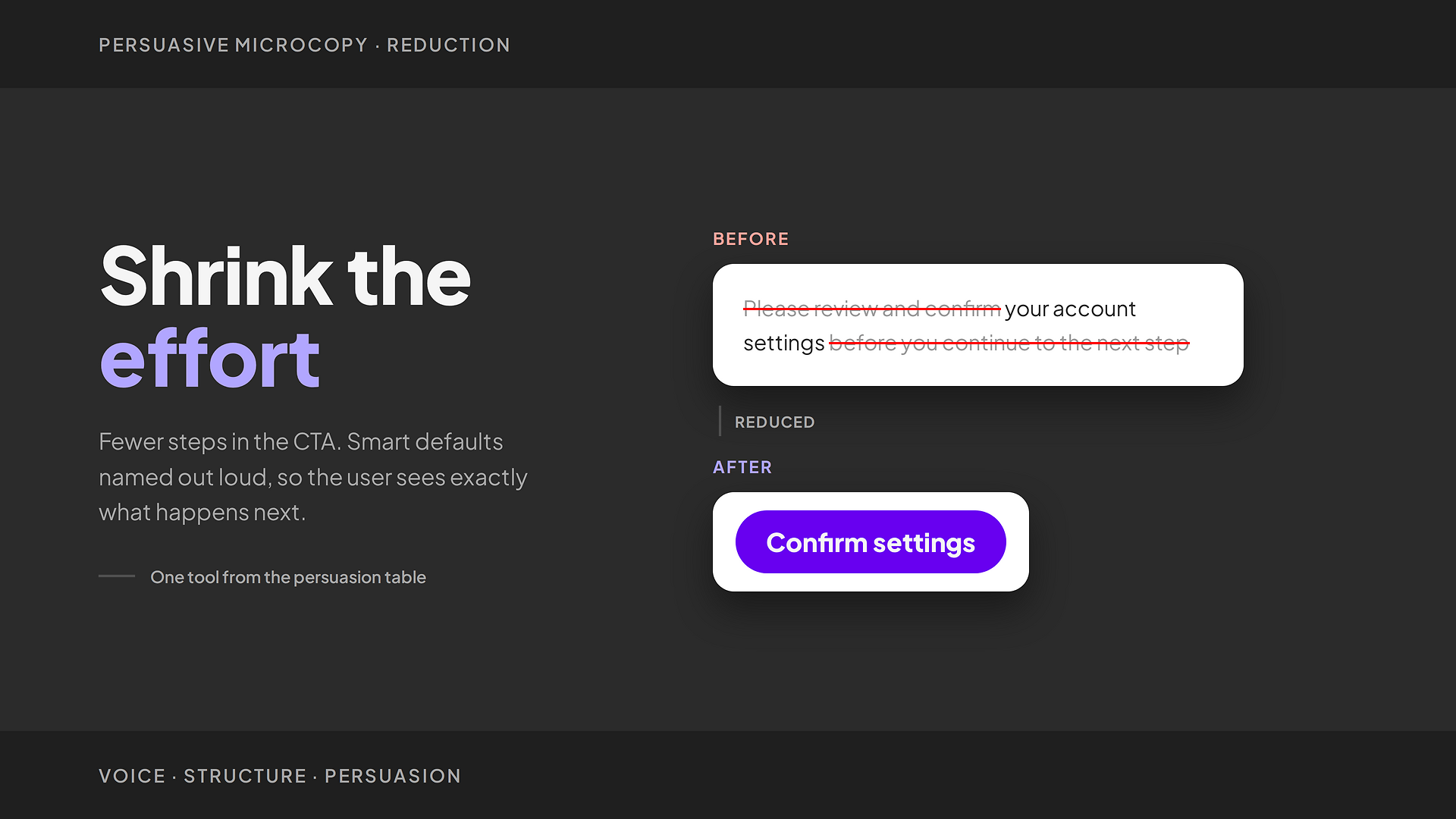 Persuasive Microcopy before and after CTA edit demonstrating the Reduction persuasion tool