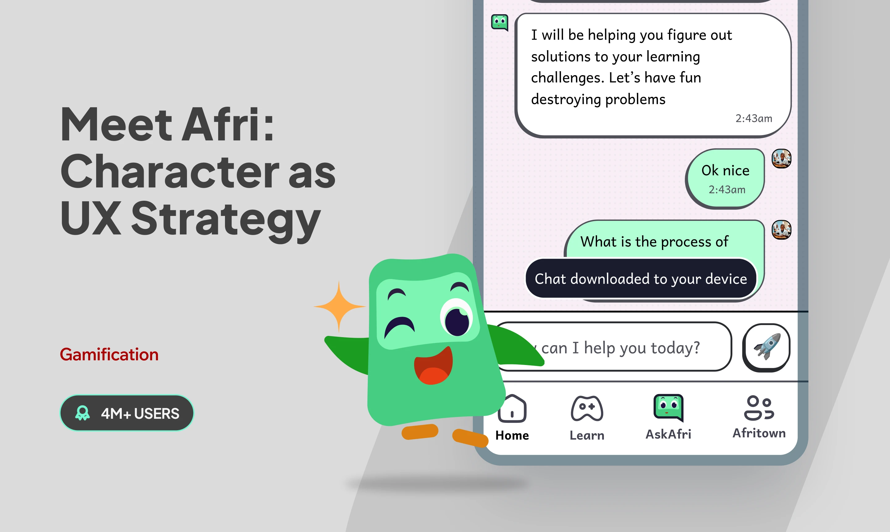 AfriLearn mascot Afri beside an AskAfri chat screen, with Home, Learn, AskAfri and Afritown tabs below.