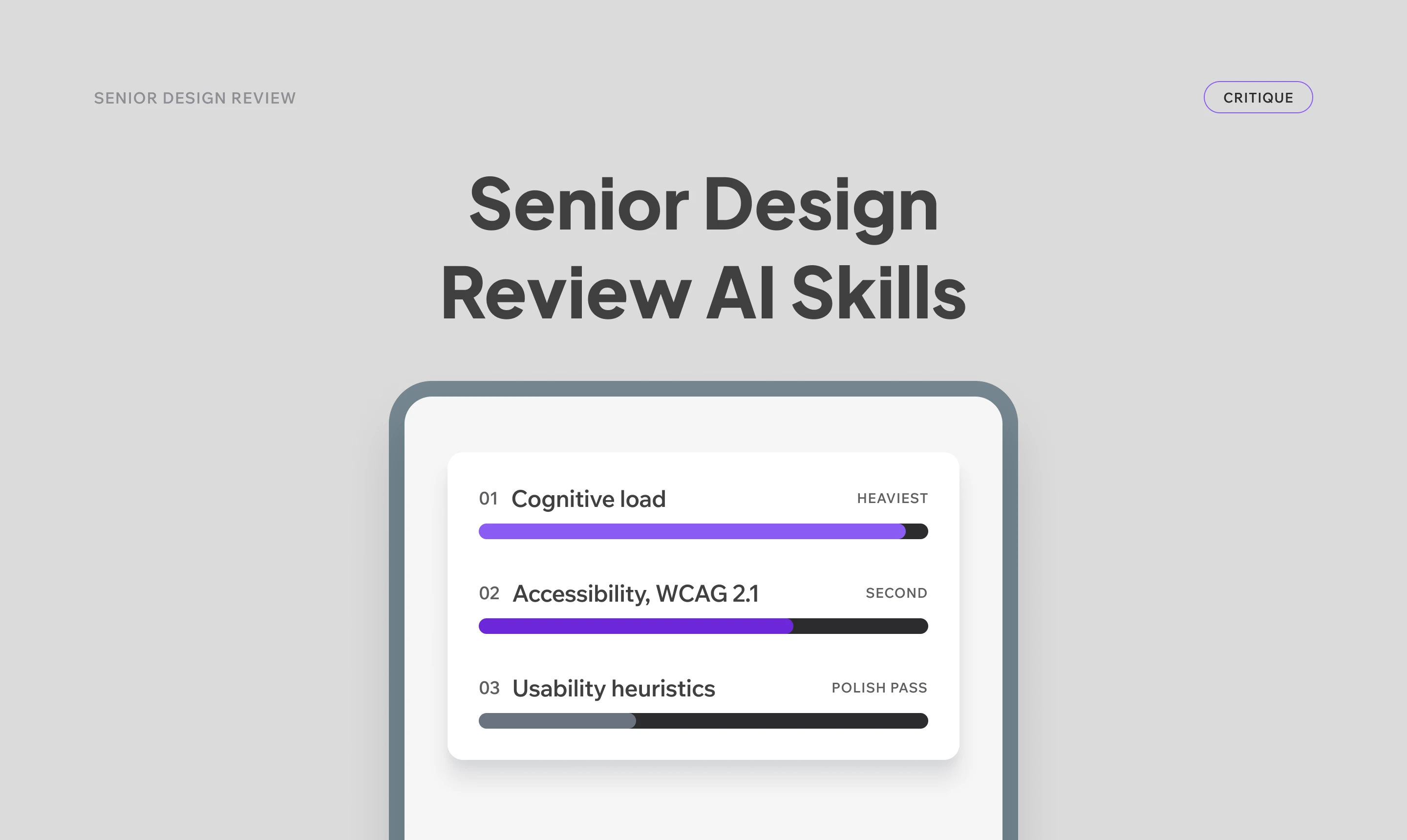 Senior Design Review cover image, a priority-order signature of three bars in decreasing weight.