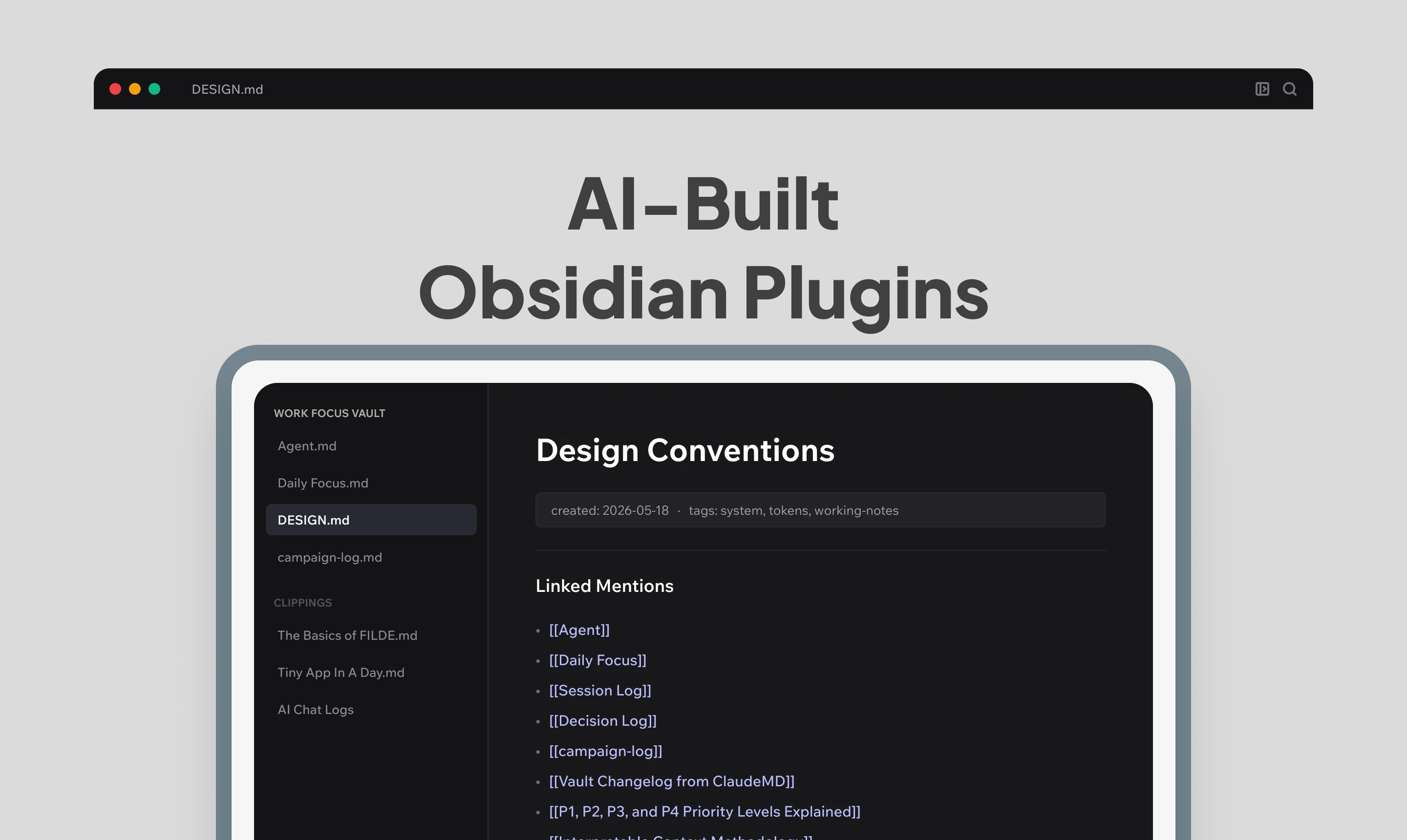 Obsidian vault showing the DESIGN.md note open, with its Linked Mentions list of related notes.