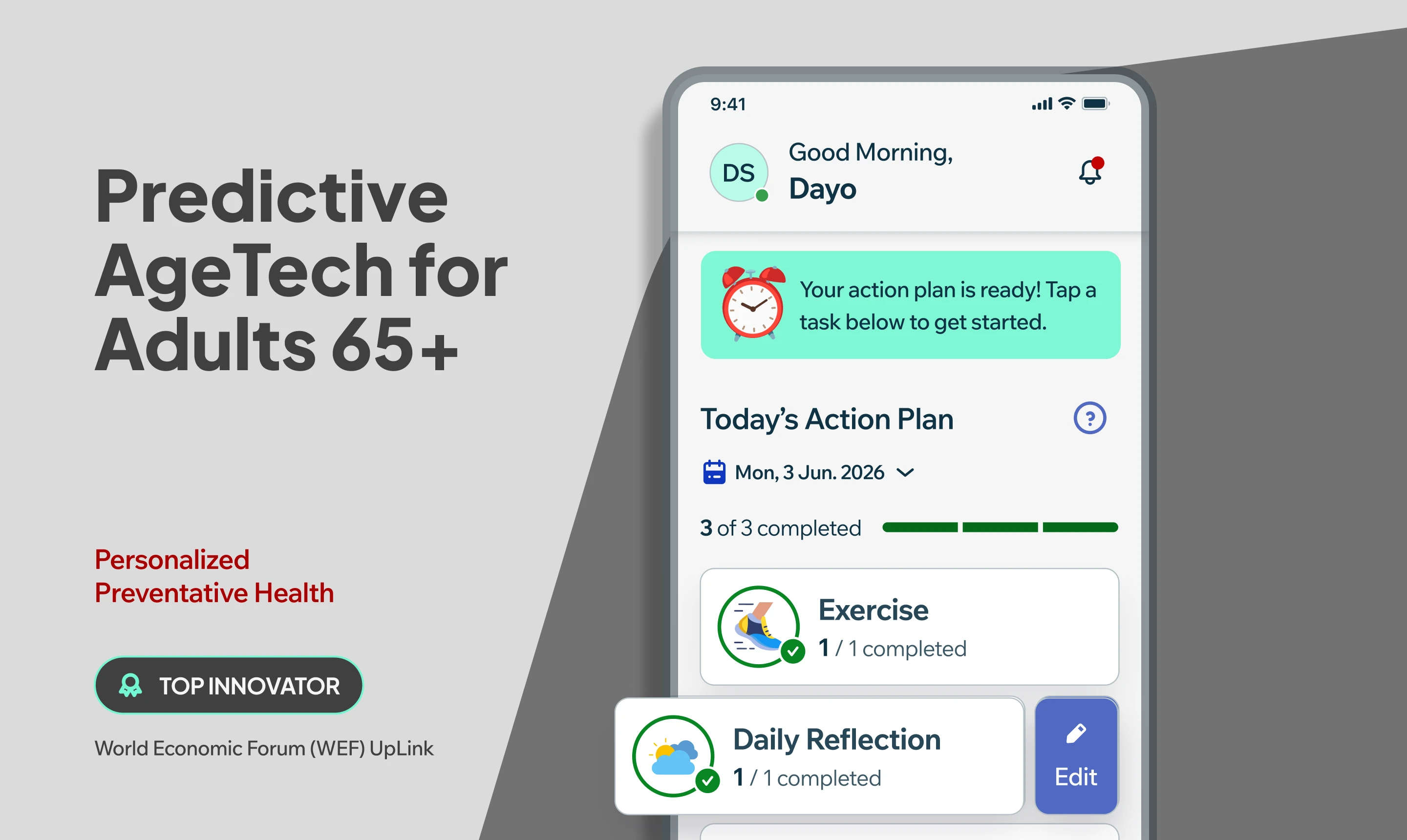 Smplicare Today's Action Plan home screen: Good Morning greeting, a ready action-plan prompt, and Exercise and Daily Reflection tasks marked complete.