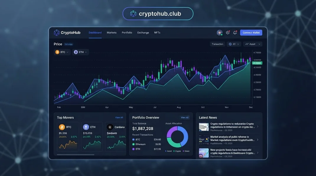 CryptoHub dashboard showing price charts, top movers and portfolio overview.