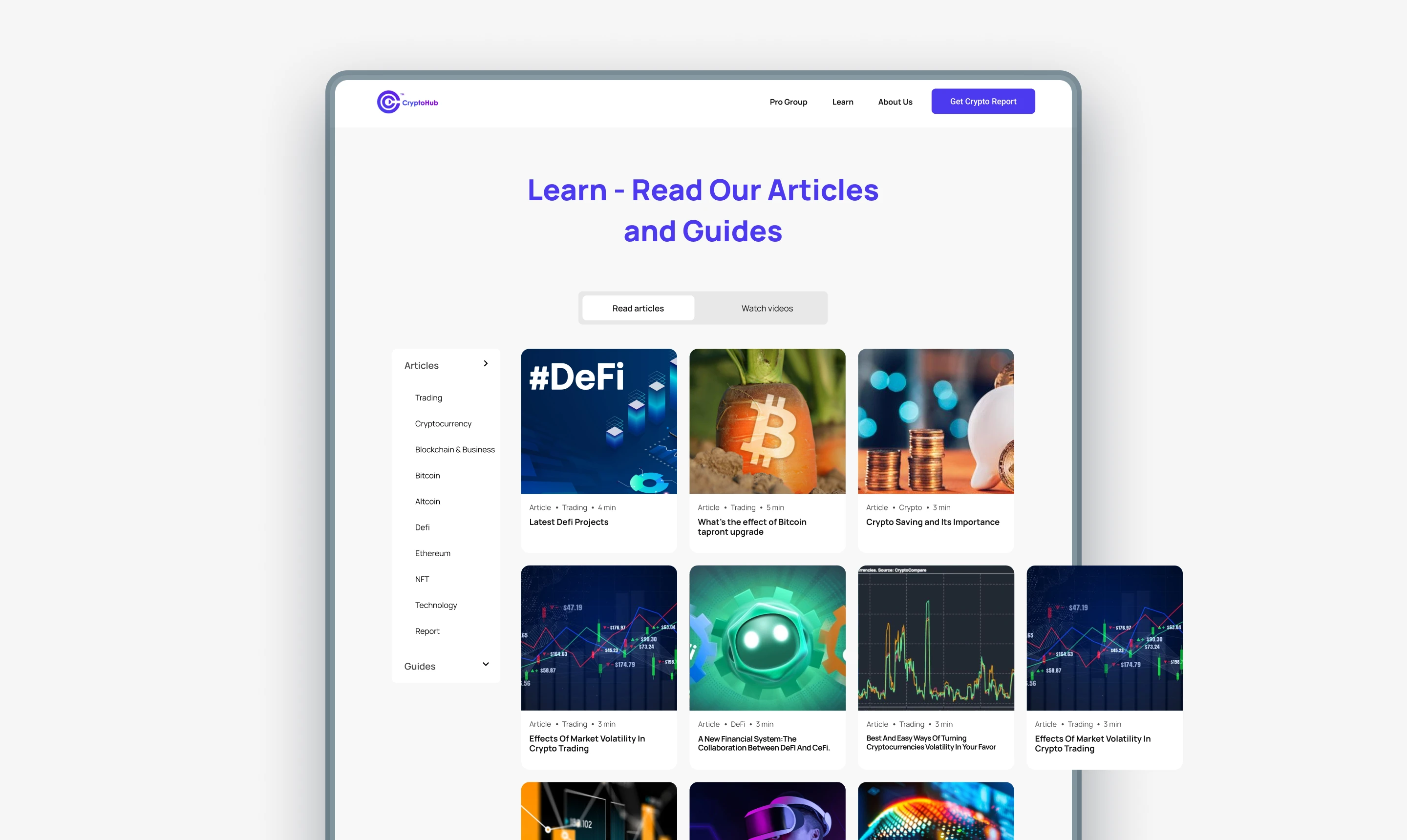 CryptoHub's Learn page: a topic sidebar (Trading, Cryptocurrency, Bitcoin, NFT, and more) alongside a grid of article cards.