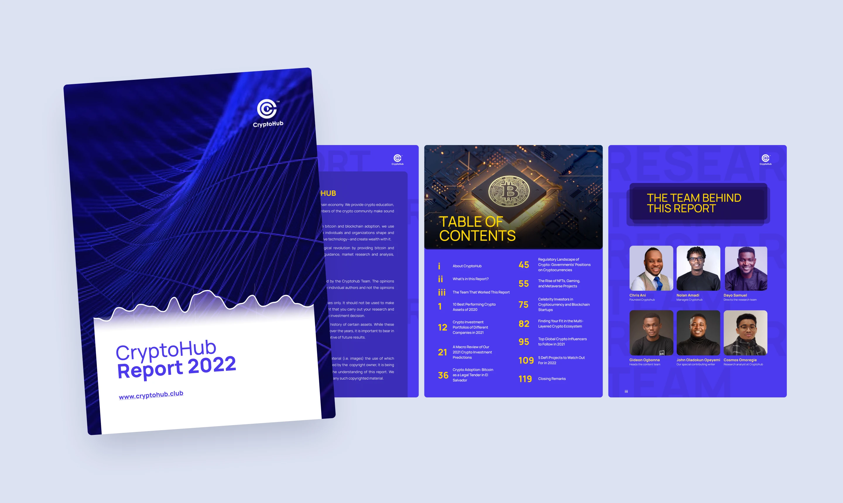 CryptoHub Report 2022: front cover, a table of contents spread, and the team page crediting the report's writers and researchers.