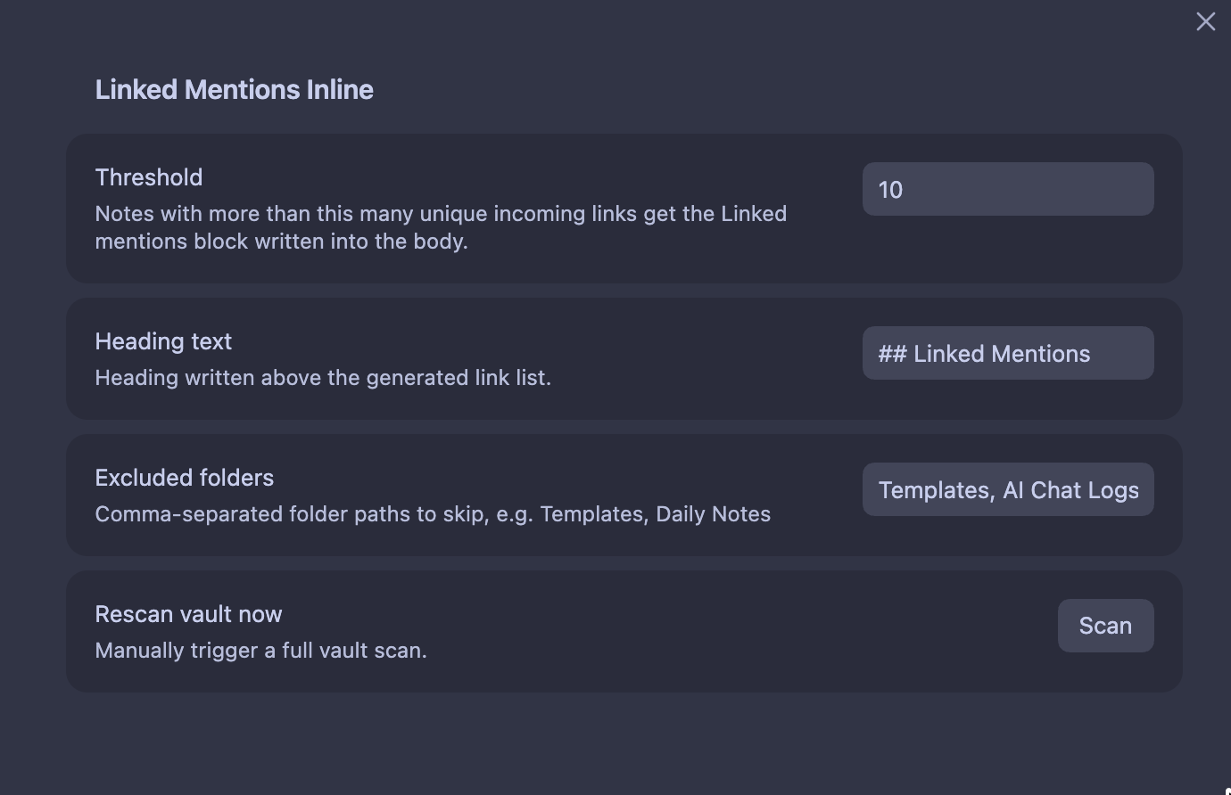 Linked Mentions Inline settings panel: threshold, heading text, excluded folders