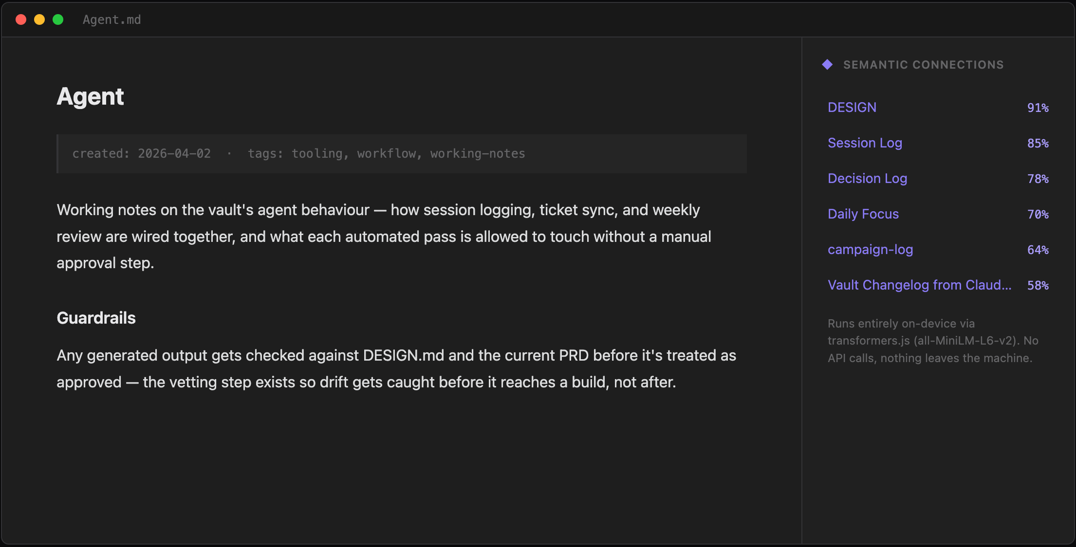 Semantic Search plugin panel showing ranked connections by similarity score.