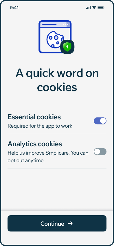 Smplicare cookies and analytics consent screen