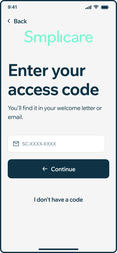 Smplicare access code entry screen for a non-invited user