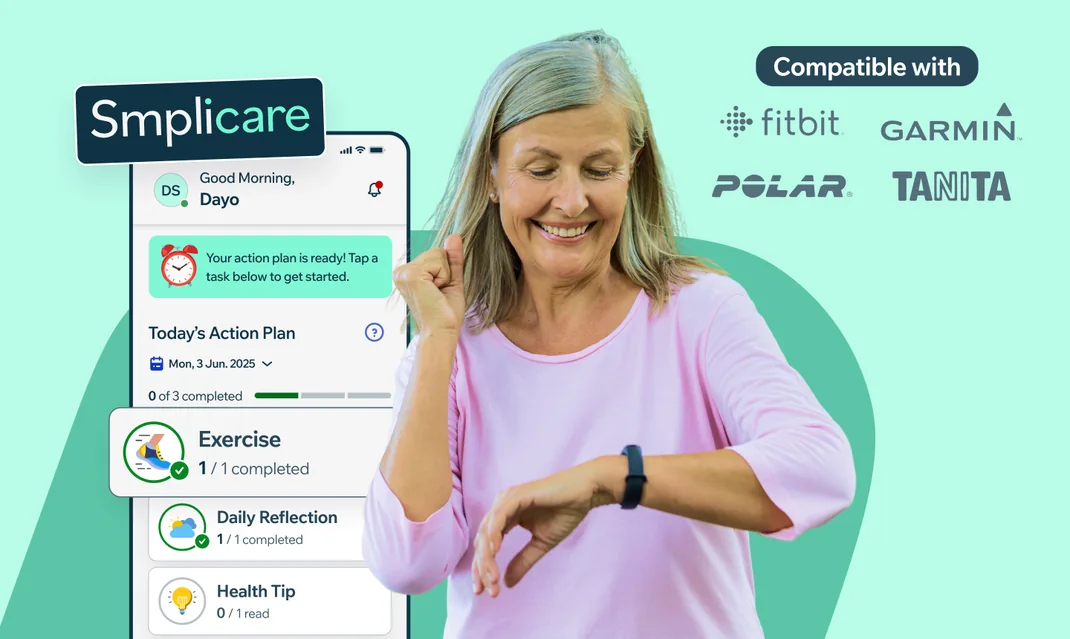 Smplicare mobile app shown beside compatible wearables from Fitbit, Garmin, Polar and Tanita.