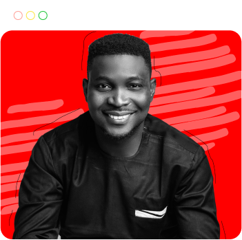 Dayo Samuel smiling against a red brushstroke background.